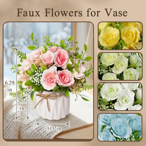 Pink Artificial Silk Roses with Ceramic Vase, No Maintenance Faux Flower Arrangement, 6.3 Inch Realistic Table Decor for Home Office Wedding - color: Pink