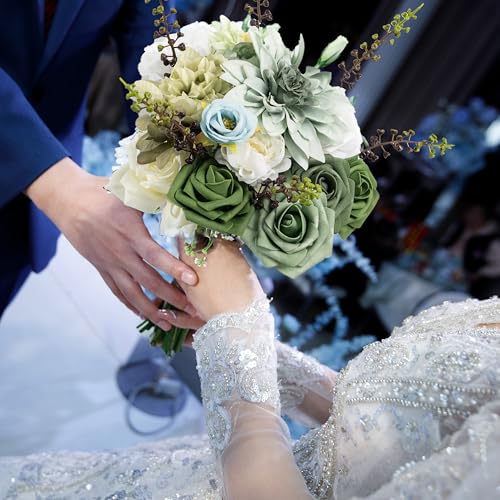 30 Pcs Artificial Flowers Combo Green Flowers Mix Silk Flowers Dahlia Roses with Stems for DIY Wedding Bridal Bouquets, Baby Shower, Floral Arrangement, Table Centerpieces, Home Decorations. - color: White/Greem1