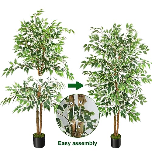 GTIDEA 5ft Ficus Tree Artificial, Tall Fake Tree with Natural Trunk Faux Trees Indoor Silk Ficus Leaves Artificial Trees for Home Decor Indoor Summer Office Living Room Outdoor (Included Dried Moss) - color: 5ft Ficus Tree (No Vase)