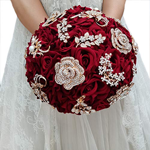 YIFU Wedding Bride Water Drop Wine Red Bouquet Navy Blue Luxury Jewelry Proposal Bridesmaid Groom Bride Flower Wedding Bouquet - color: Wine Red Ball Bouquet