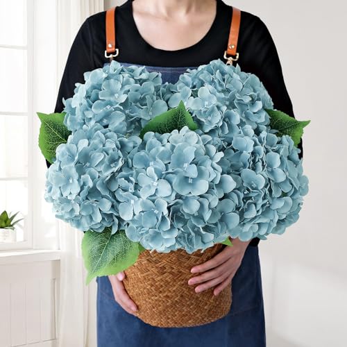 JINWOE Grey Blue Large Lifelike Silk Artificial Hydrangeas, 5Pcs 20Inch Full Fake Flowers for Bouquet Table Centerpieces Wedding Indoor Home Outdoor Baby Showers Decoration - color: Grey Blue