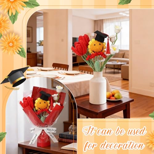 2026 Graduation Crochet Flowers Bouquet Gifts Class of 2026 Graduation Gift for Her Sunflower Mortarboard with Greeting Cards Bag Handmade Knitted Artificial Flowers for Grad(Red) - color: Red