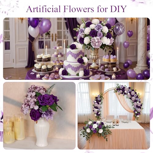 Artificial Flowers Combo Set, Fake Silk Floral Decor with Stems for DIY Roses Wedding Party Centerpieces Bridal Bouquets Cake Decorations Arrangements Indoor Outdoor Halloween(Purple) - color: Purple