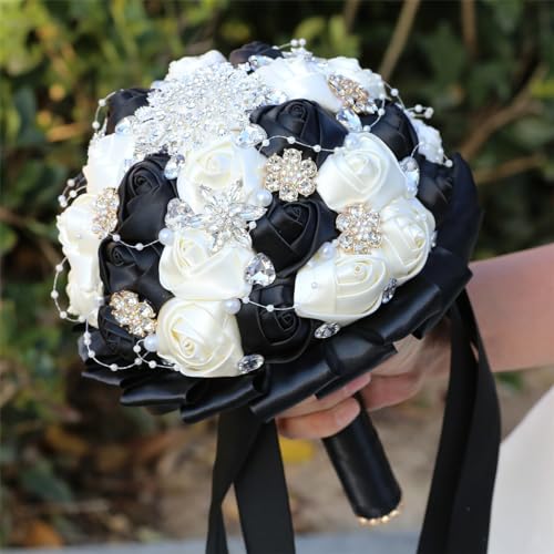 8.7" Black & Ivory Bridal Wedding Bouquet Round Holding Bouquet Throw Toss Artificial Rose Flower Bunch for Bride Bridesmaid Wedding Quinceanera - color: Black & Ivory, size: Medium (Dia. 8.7"/22cm)