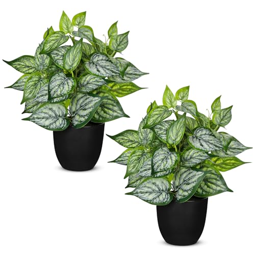 14.5" Artificial Plants Indoor Home Decor, Fake Potted Silk Plants for Shelves Living Room Decorative, Small Artificial Office Desk Plant in Pots, Faux Potted Greenery Tropical House Plant, Set of 2 - color: 2 Sets #Green Mix White