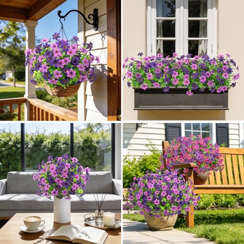 20 Bundles Artificial Flowers for Outdoors, Fake Silk Flowers UV Resistant Faux Realistic Plastic Plants for Spring Summer Porch Patio Garden Planter Window Box Home Decor, Double Purple - color: Double Purple