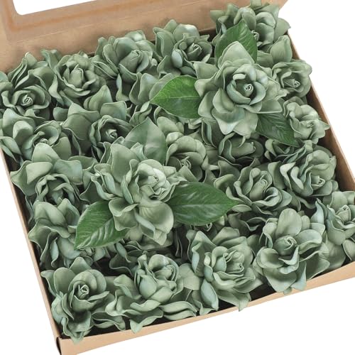 Floroom Artificial Gardenia Flowers 2.7" 25pcs Real Looking Elf Green Foam Fake Flowers with Stems for DIY Wedding Bouquets Bridal Shower Centerpieces Floral Arrangements Party Tables Decorations - color: Elf Green