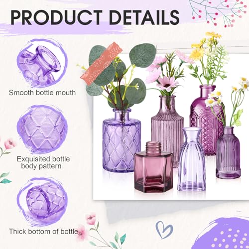 Yaomiao 30 Pcs Vases Bulk Colored Flower Glass Bud Vases Valentine Vintage Colored Glass Bottles Colorful Rustic Embossed for Home Wedding Table Decorations Gifts(Purple Series) - color: Purple Series