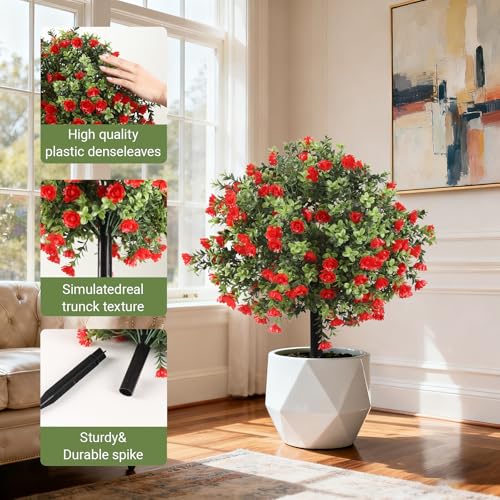 Artificial Topiary Bushes with Ground Spike Set of 2, Faux Boxwood Ball Trees for Outdoor, Fake Shrubs Bushes Decorations for Indoor Front Porch Garden - UV Resistant Faux Plants - Red Flowers - color: Red Azaleas