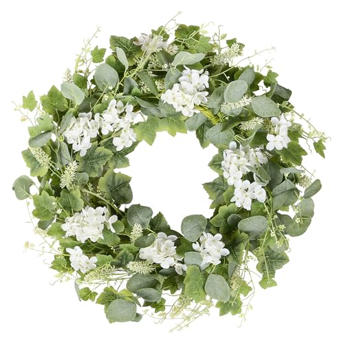 YNYLCHMX 20" Spring Summer Wreaths for Front Door, Artificial Wreath with White Flowers Grapevines Green Eucalyptus Leaves, Green Foliage Wreath for Wall Window Farmhouse Party Holiday Home Decor - color: Grapevines