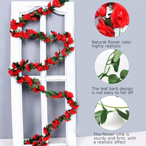4Pcs Artificial Rose Vines Fake Flowers Garland with Green Leaves Faux Hanging Floral Plants for Bedroom Garden Patio Decor,Christmas Anniversary Wedding Birthday Party Decoration (Red) - color: Red, size: 4Pcs-small rose