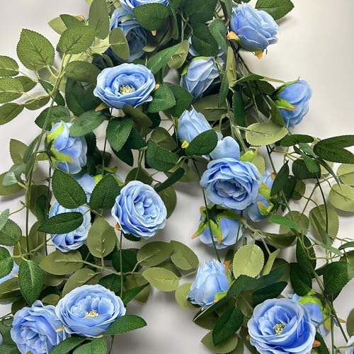Flower Garland for Backdrop, Rose Garlands for Gecoration, 4Pcs Blue Hanging Flowers, Artificial Flower Vines Wedding Decor, Birthday Decorations, Arch Garden Ceremony Background Wall Decor (Blue) - color: Blue Rose