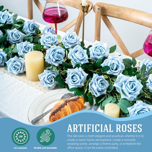 Ttranewsoo Fake Roses Faux Flowers Silk Roses 12PCS Artificial Roses with Stems Realistic Artificial Flowers Suitable for Indoor Home Decoration Diy Bouquet Wedding Decor Party Decoration （Blue）16.5“ - color: Blue 12pcs
