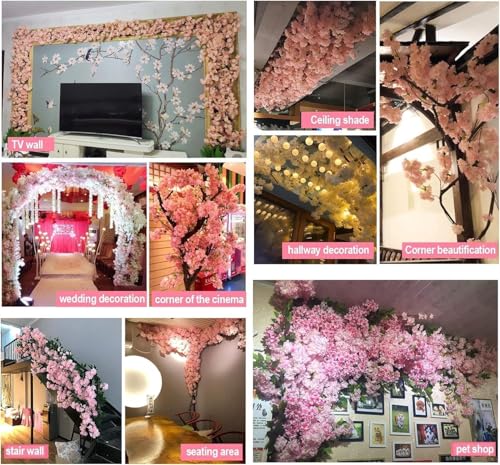 Artificial Cherry Blossom Trees - Fake Flower Background Walls with Simulated Branch and Rattan Design - for Indoor Ceiling Air Conditioning Pipe Ornamental(Pink) - color: Pink