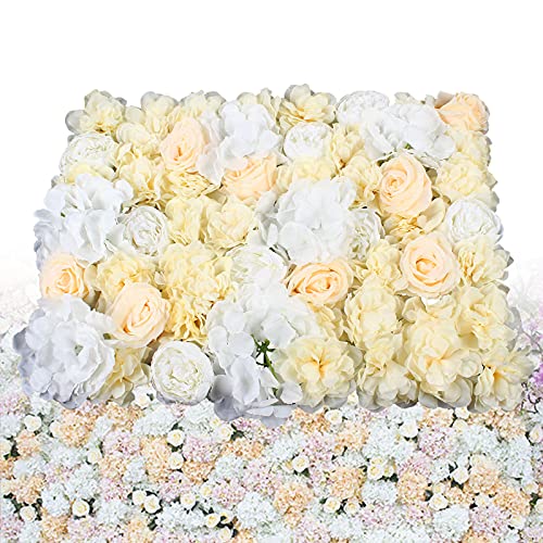 DNYSYSJ Flower Wall 12PCS 23.62" x 15.75" x 0.79" Lifelike White Hydrangea Artificial Champagne Rose Flowers Panel Silk Fabric Wall Mat for Garden Patio Wedding Stage Indoor Outdoor Decor - color: Gradient Champagne, size: 12 pieces