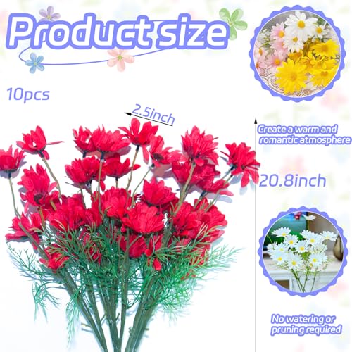Artificial Flowers Red Artificial Daisy Flowers, 10 Pcs Wild Flower Artificial Daisies with Stems, 20.8 Inch Silk Flowers Bulk Faux Daisy Flowers for Home Kitchen, Party Decor, Garden Balcony - color: Red