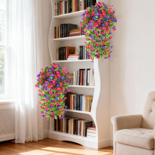 Artificial Fake Hanging Flowers for Outdoors, 2 Pcs Artificial Hanging Plants Outdoors Spring Summer Decor, UV Resistant Faux Violet Silk Flowers for Planters Front Door Yard Garden(Purple Rose Red) - color: Purple Rose Red