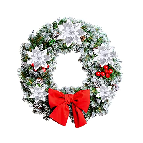 36 Pcs Christmas Glitter Artificial Poinsettia Flowers Xmas Poinsettia Artificial Wedding Flowers Decorations Xmas Tree Ornaments with Clips for Party, 6 Inch, 4 Inch, 3 Inch(Silver and White) - color: Silver and White