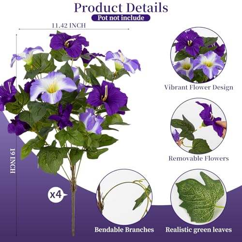 19 Inch Artificial Fake Flowers for Outdoor,4 Pcs Purple Faux Silk Petunias Spring Flowers for Outside for Indoor Porch Planter Front Door Garden Patio Window Box Home Decor - color: Double Purple
