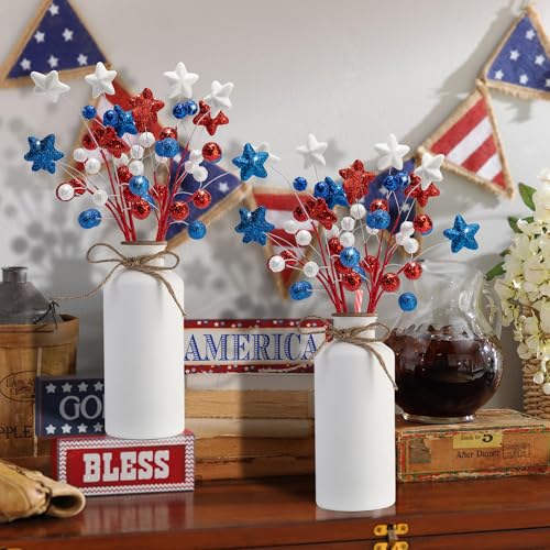 8 Pack 15" Large Patriotic Glitter Ball Centerpiece Stems, Independence Day Artificial Berry Stem Star Picks, 4th of July Red White Blue Pentagram Faux Berry Branch Sticks for Memorial Day Home Decor - color: Red White Blue