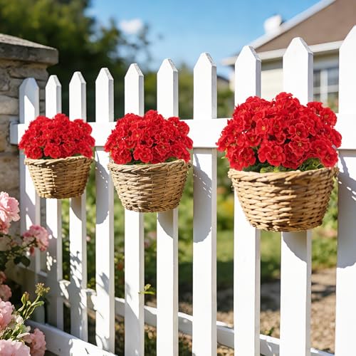 BonBloom's 12 Pcs Red Geranium Artificial Flowers for Outdoors - UV Resistant & Realistic Fake Flowers, No Maintenance Silk Faux Plants for Garden Porch Patio Window Box Indoor Home Decor - color: Red, size: 12 pack