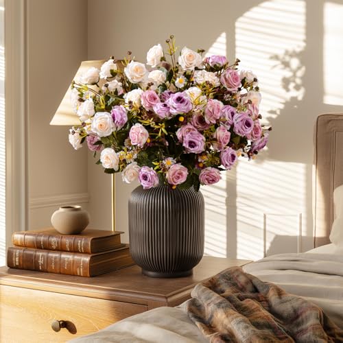 Artificial Rose Flowers for Outdoor 4 Bundles Rose Bouquet with Daisy Faux Flowers UV Resistant for Home Indoor Outside Garden Porch Window Box Balcony Yard Porch Fall Decor (White+Purple) - color: White+purple
