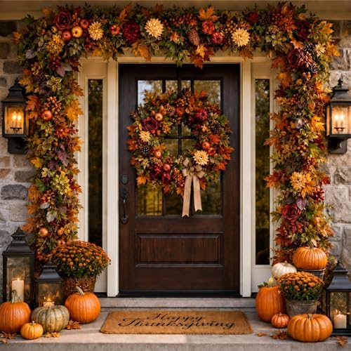 6 ft Fall Garlands for Mantle Autumn Artificial Maple Leaves Wildflowers Apple Berry Garland Fall Fake Harvest Decortable Centerpiece for Thanksgiving Fireplace Indoor Outdoor - style: Autumn