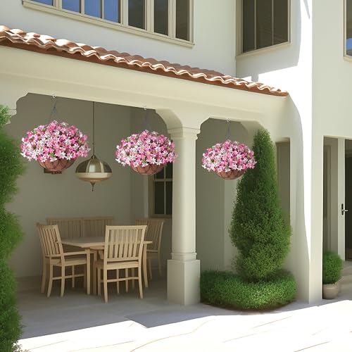 INXUGAO Artificial Silk Flowers Hanging Baskets Outdoors Indoors,Chrysanthemum with Eucalyptus Leaves Arrangement for Garden Yard Spring Summer Decor,Faux Plant in Metal Coconut Lining Flowerpot(Pink) - color: B-pink