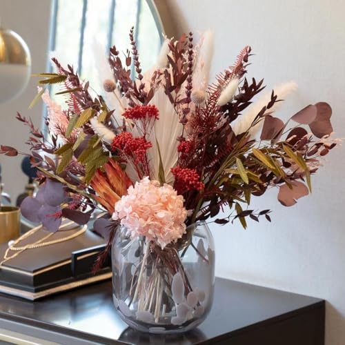Dried Flower Bouquet, Blush Pink & Burgundy Boho Arrangement, Preserved Hydrangea Eucalyptus Florals for Wedding Bridal Bouquet, Farmhouse Romantic Home Decor Vase Filler - color: Blush Pink & Burgundy Dried Flower Bouquet