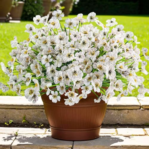Krissing 48 Bundles Outdoor Artificial Flowers UV Resistant Fake Silk Flowers Faux Plastic Plants Outside Garden Porch Window Box Summer Decoration (White) - color: White