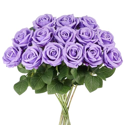 Auihiay 14PCS Purple Artificial Roses, Realistic Silk Fake Roses Flowers with Long Stem for Mother's Day, Wedding Centerpieces, Spring Home Decoration & Party DIY Floral Arrangements - color: Purple