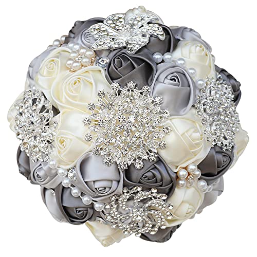 7.9 Inch Handmade Satin Rose Bridal Bouquet Toss Round Wedding Bouquet Throw Toss Artificial Flower Bunch Silver + Dark Grey + Ivory - color: W3217d04 Silver/Dark Grey/Ivory