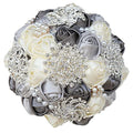 7.9 Inch Handmade Satin Rose Bridal Bouquet Toss Round Wedding Bouquet Throw Toss Artificial Flower Bunch Silver + Dark Grey + Ivory - color: W3217d04 Silver/Dark Grey/Ivory
