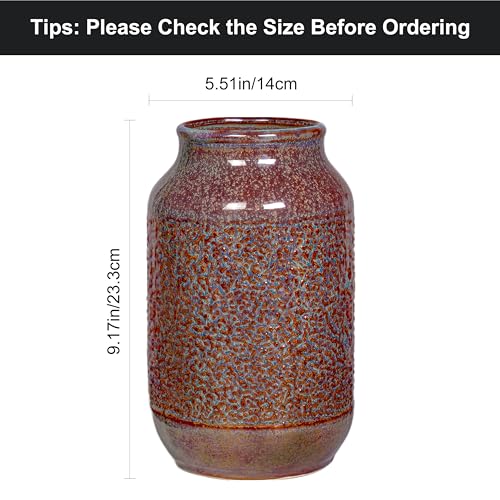 Brown Ceramic Vase for Home Decor - 9 Inch Farmhouse Pottery Vase for Pampas Grass, Decorative Vases for Flowers, Farmhouse Decor, Kitchen, Mantle, Fall Decoration - color: Rust Brown