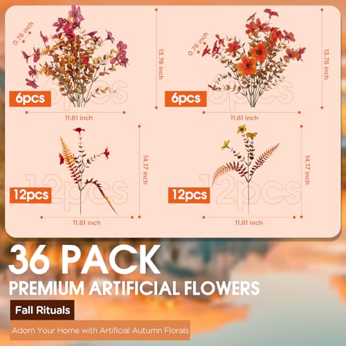Artificial Fall Flowers for Outdoors,36 Bundles Faux Flowers Outside Fall Plants Realistic UV Resistant for Outdoor Planters Look Real Fake Flowers for Thanksgiving Porch Decor Window box planters - color: Sunset Red ＆brown＆yellow（with Fall Ferns）, size: