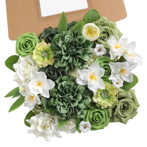 rongflower Green Artificial Flowers Combo Set Fake Flower Leaf Box with Stemst for DIY Wedding Bridal Bouquet, Centerpieces, Home Decor, Floral Arrangement Decor - color: Green