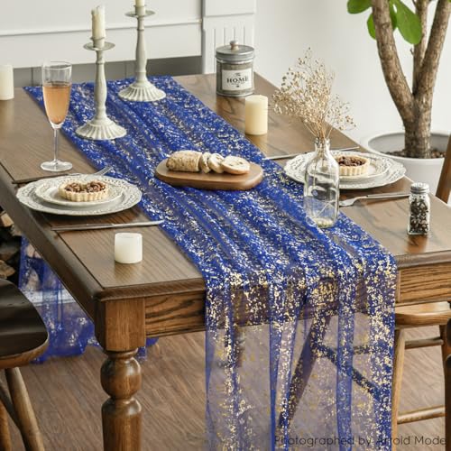 Artoid Mode Blue Gold Gauze Table Runner 120 Inch 10FT, Glitter Metallic Foil Sheer Dining Wedding Anniversary Holiday Table Decor for Home Party - color: Blue, size: 28" x 120"