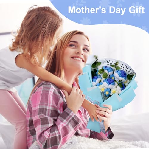 Foyucool Crochet Flower Bouquet, Blue Handmade Knitted Flowers with Gift Bag, Blue Roses Daisies for Mother's Day Anniversary Birthday Graduation Valentine's Day - color: Blue White