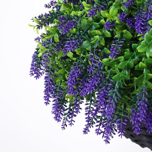 Juxdp Artificial Lavender and Boxwood Hanging Basket - 2 Set for Outdoor Decorations,Fake Flower Hanging Basket UV-Resistant for Porch, Home Garden, Farmhouse, Eaves, Yard Decor