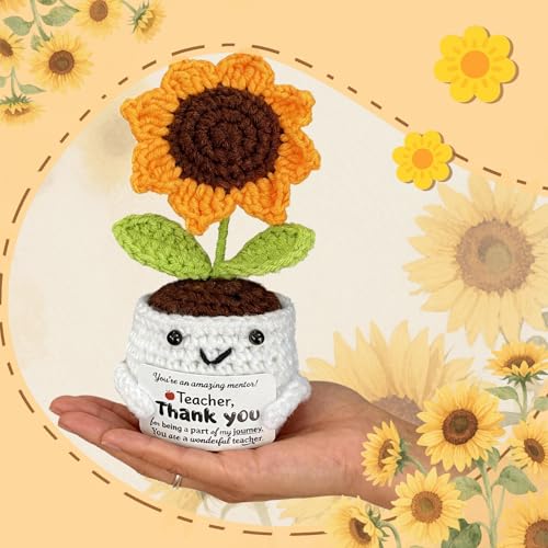 Teacher Appreciation Gifts - Handmade Crochet Sunflower in Smiling Pot with Thank You Card, Positive Desk Decor, End of Year Birthday Gift for Mentor Coworker Women - color: Thank You Teacher