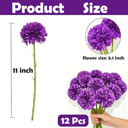 Tinsow 12 Pcs Artificial Flowers Purple Faux Ball Chrysanthemum Bouquet Flowers Wedding Bouquet for Home Garden Party Wedding Decoration - color: Purple