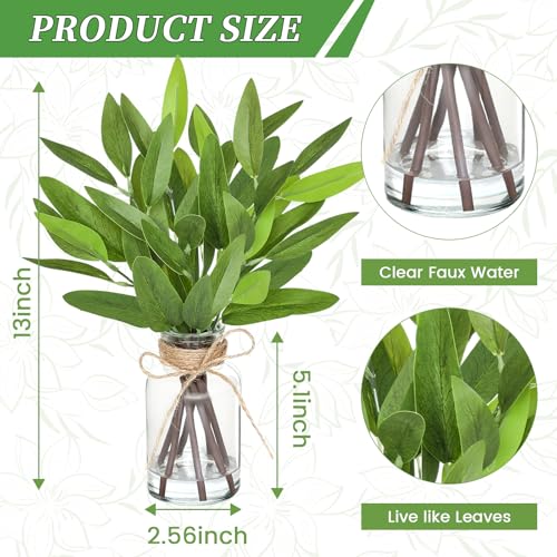 13" Fake Eucalyptus Stems in Vase with Faux Water,Artificial Plants Leaves for Shelf Desk Bathroom Farmhouse Room Coffee Table Home Decor (Eucalyptus-Pointed Leaf) - color: Eucalyptus-pointed Leaf