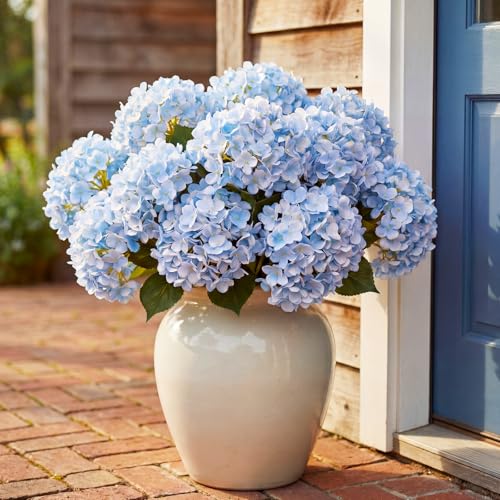 Hotop Hydrangea Artificial Flower Bush for Outdoor 19.6inch Large Silk Hydrangea 5 Heads Realistic UV Resistant Fake Flower for Porch Bouquet Window Box Wedding Indoor(2 Pcs,Blue) - color: Blue