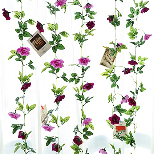 Floweroyal 2 Pack Artificial Flower Garlands 15.8FT Fake Rose Vines Silk Flowers Hanging Rose Ivy for Wedding Arch Party Home Garden Wall Decor (Fuchsia) - color: Fuchsia, size: 2pcs