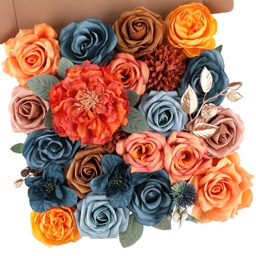 AGIRL Artificial Flowers Combo Silk Mix Teal Orange Fake Flower with Stems for DIY Wedding Bouquets Centerpieces Arrangements Table Chair Decor Baby Shower Home Decor (Teal Orange) - color: Teal Orange