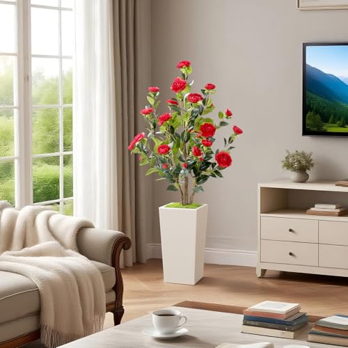 Romantic Season 4FT Artificial Camellia Tree with White Tall Planter, Red Faux Camellia Plant Flower Tree for Modern Home Office Living Room Floor Décor Outdoor Indoor，Red - color: Red