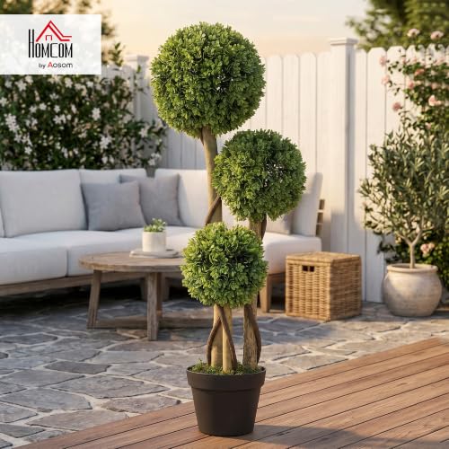 HOMCOM Artificial Plant for Home Decor Indoor & Outdoor Fake Plants Artificial Tree in Pot, 3 Ball Boxwood Topiary Tree for Home Office, Living Room Decor, Light Green - color: Light Green