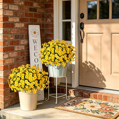 Ammyoo Fake Mums Artificial Flowers for Outdoor Decoration, 6 Bundles Faux Silk Daisy Flowers Realistic UV Resistant No Fade Fake Plants for Home Patio Porch Garden Window Box Decor(Yellow) - color: Yellow