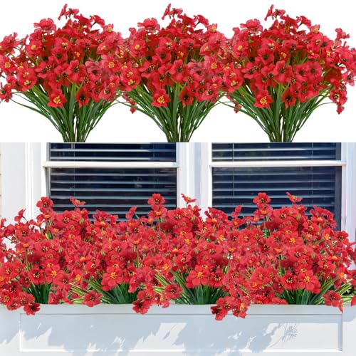 Bassion 24 Bundles Artificial Flowers for Outdoors Decoration, UV Resistant Red Silk Fake Faux Flowers Artificial Plants for Outside Window Box Porch Garden Home Decor - color: Red