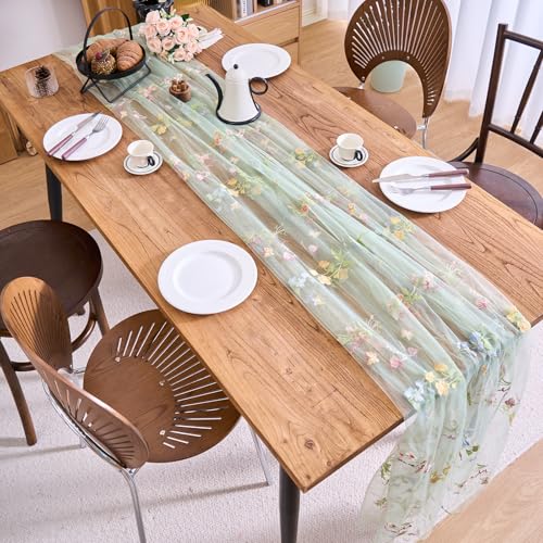 vctops 2 Packs Embroidery Lace Fall Table Runner 10ft Floral Garden Seasonal Tulle Table Runner Holiday Kitchen Dining Table Decoration for Wedding Party Baby Shower Birthday (Sage Green,30"x120") - color: Sage Green